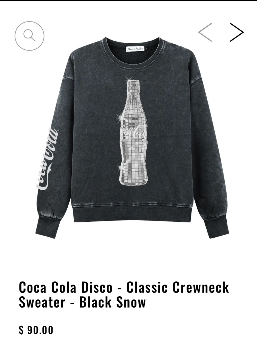 The Laundry Room Black Crewneck with Silver Coca Cola Disco Bottle NWT XS